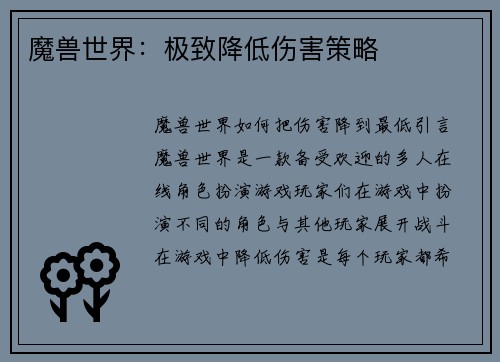 魔兽世界：极致降低伤害策略